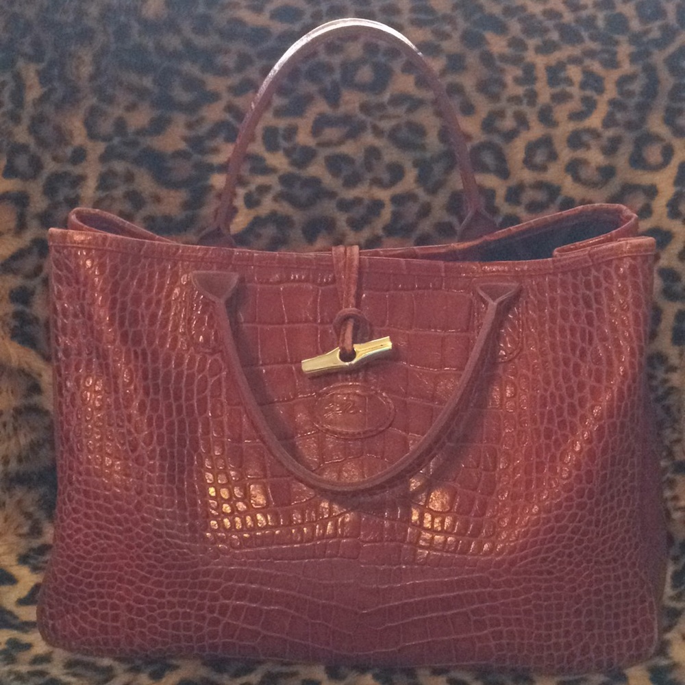 💕Longchamp Red Leather croc embossed Roseau Tote